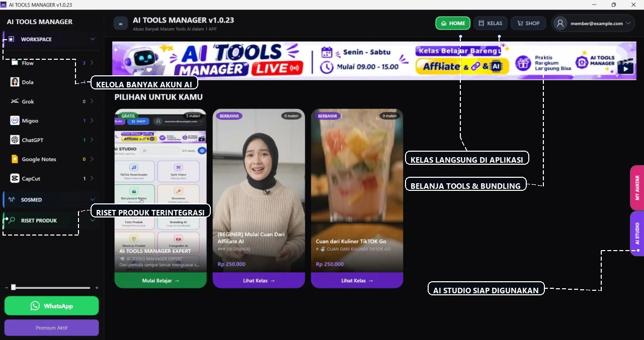 Tampilan AI Tools Manager dengan AI Studio, Riset Produk, Google Flow, Shop, dan pengelolaan akun dalam satu workspace